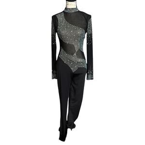 Black Rhinestone Mesh Long Sleeve Bodysuit Catsuit Size Medium